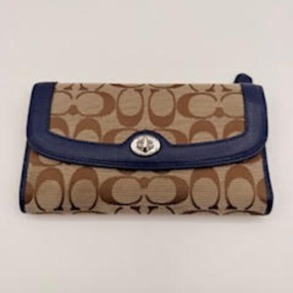 Coach Signature Canvas Wallet Set Violet Trim Turnlock Flap+Slim Checkbook - Picture 2 of 7